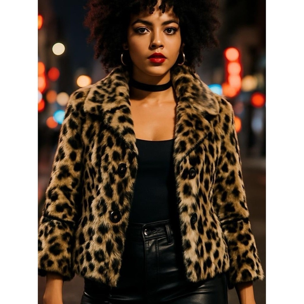 Laundry by Shelli Segal Leopard Faux Fur Cropped Jacket Coat XS Animal Print
